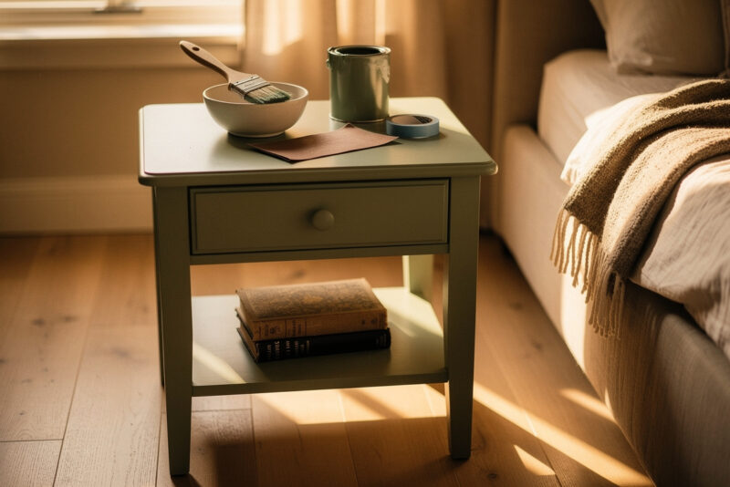 Comment relooker facilement une vieille table de chevet en pin vernis ?