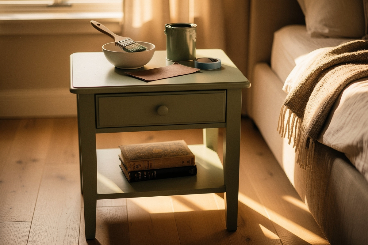 Comment relooker facilement une vieille table de chevet en pin vernis ?